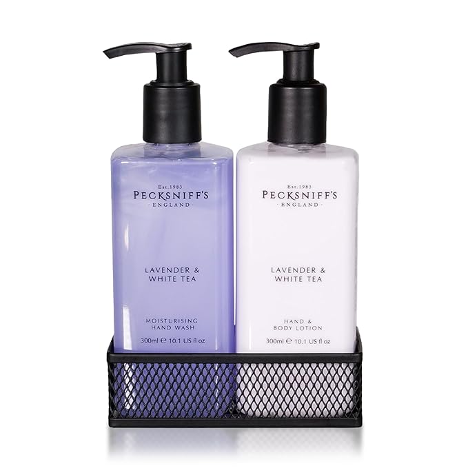 Pecksniff's Handwash Soap and Lotion Set Stress Reducing Aromotherapy Cleanser That Leaves Hands Soft and Lightly Scented (Lavender and White Tea Black Caddy)