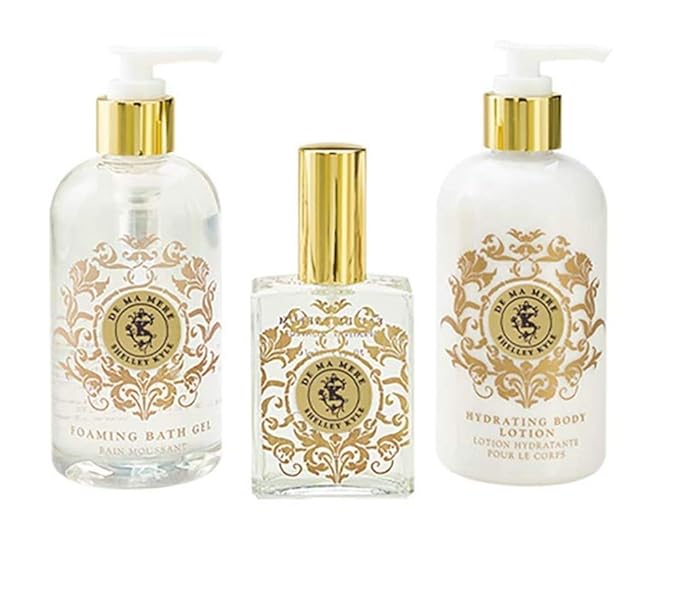 De Ma Mere Complete Gift Set Includes Hydrating Body Lotion Foaming Bath Gel And Perfume Packaged in Beautiful Cream and Gold Gift Box with Ribbon