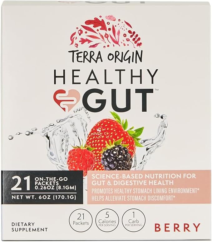 TERRA ORIGIN Healthy Gut Stick Packs L-Glutamine Slippery Elm Aloe Vera Licorice Root Extract Gut Health Digestive Support Leaky Gut Repair Immune Function On-The-Go 21 Ct Berry