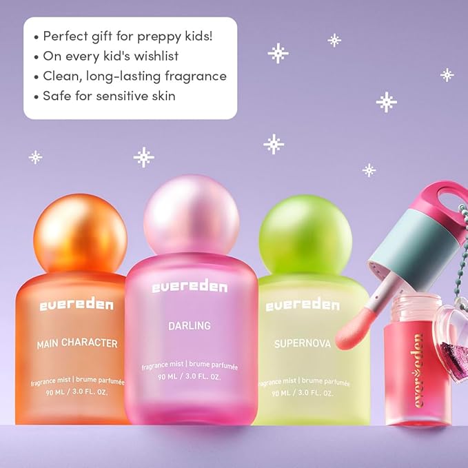 Evereden Kids Fragrance Gift Set ? 3 Hair &amp Body Mists + Tinted Lip Oil | Clean Vegan Non-Toxic Scents for Girls &amp Teens | Fun Self-Care Gift Box with Aesthetic Collectible Bottles