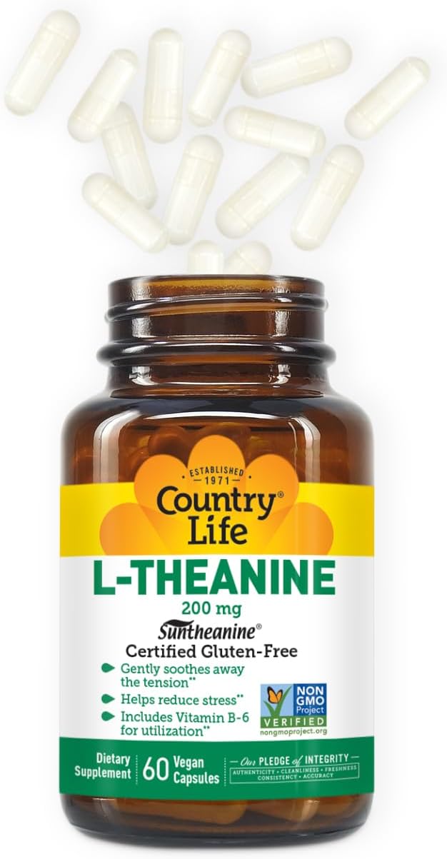 Country Life Suntheanine L-Theanine ? 60 Vegan Capsules | Natural Stress Relief Supplement with Inositol | Promotes Relaxation Focus &amp Better Sleep | Certified Gluten-Free Non-Drowsy Formula
