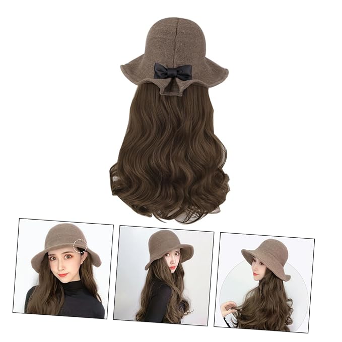 Long Wavy Curly Wig Hat for Women and Khaki Synthetic Hair Extension with Natural Texture Lightweight Fashion Accessory for Volume and Easy to Style and Wear