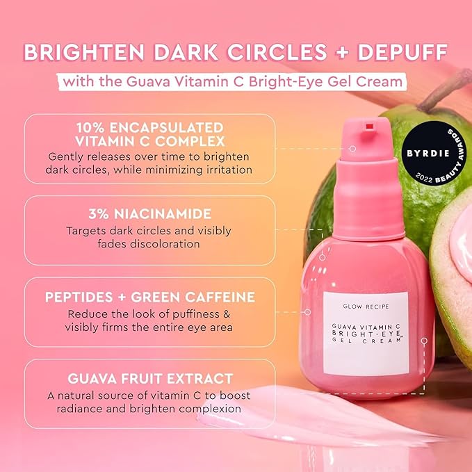Glow Recipe Guava Brightening Korean Skincare Gift Set - Vitamin C Under Eye Cream Treatment + Hydrating Vitamin C Dark Spot Face Serum with Niacinamide &amp Peptides Travel Size (2 Count)