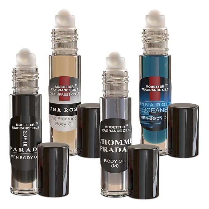 MOBETTER FRAGRANCE OILS Men's Perfume Body Oil Bundle - Set of 4 Roll-On | Luna Rossa Luna Rossa Oceans Black Parade L'Homme Pradaz | Long Lasting Travel Friendly Alcohol-Free