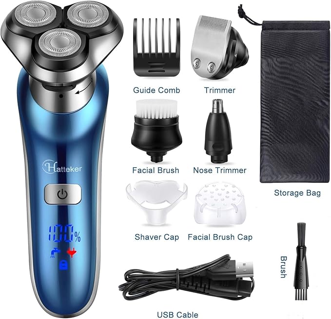 Hatteker Electric Shaver for Men Trimmer for Men Cordless Rechargeable Beard Nose Hair Face Trimmer Rotary Razor USB Groomer Waterproof Wet Dry 4 in 1