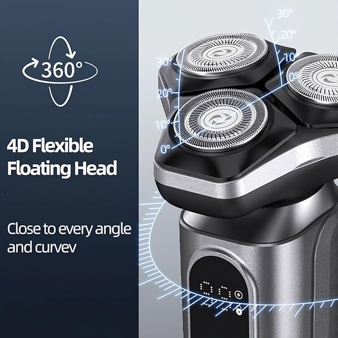 Electric Razor for Men.Wet/Dry Rotary Shaver Waterproof - USB Fast Charging &amp Sensitive Skin Care. 3-Blade Rotary Shaving System.LED Display Travel LockGray