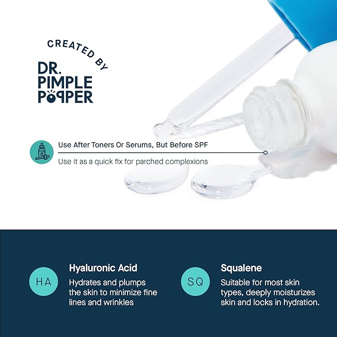 SLMD by Dr. Pimple Popper - Hyaluronic Acid Serum 1.0 fl. oz Daily Hydration Booster with Squalane for Smooth Dewy Skin ? Lightweight Fast-Absorbing Face Moisture for All Skin Types