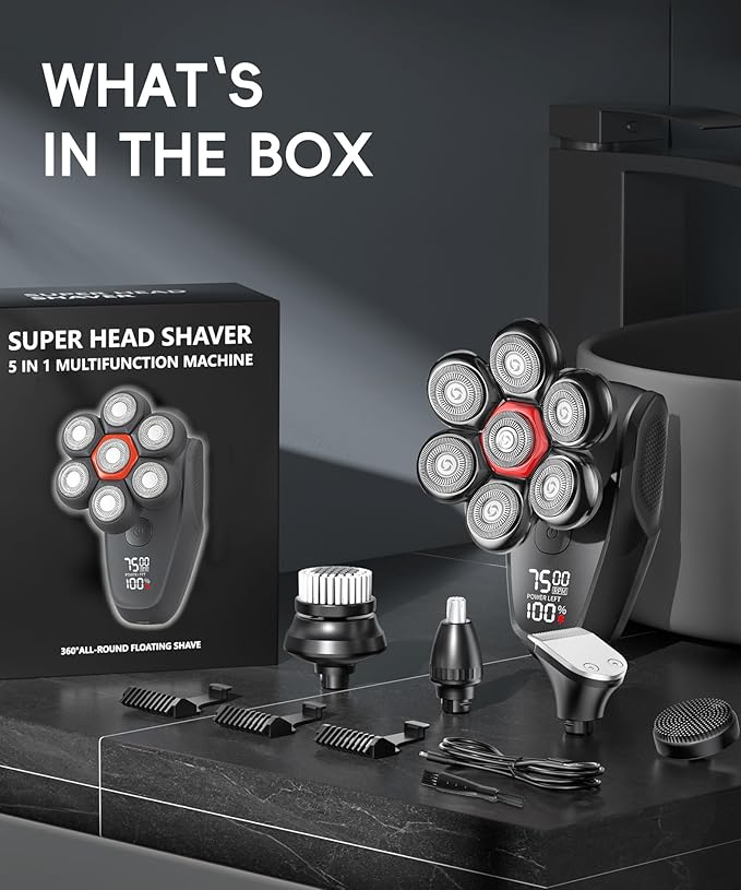 Head Shaver for Bald Men - IPX8 Waterproof Electric Razor for Wet/Dry Use with LED Display USB-C Fast Charge &amp 5 Attachments Black