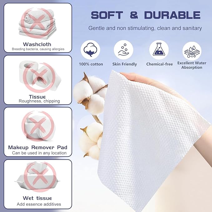 Disposable Face Towel 600 Count Face Towels for Washing Soft Cotton Dry Wipes Facial Cloths Towelettes for Washing and Drying Facial Tissue for Cleansing Skincare and Makeup Remover