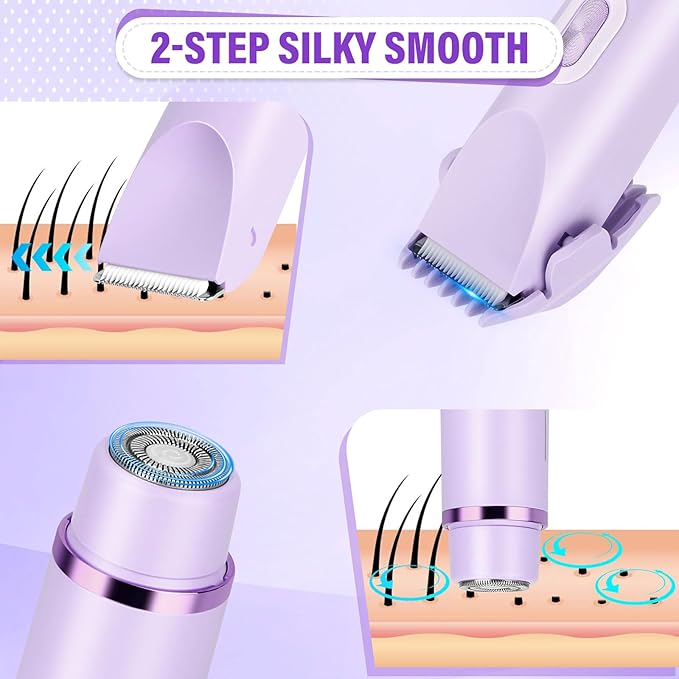 Women's Bikini Trimmer 2-in-1 Electric Shaver for Bikini Line Legs Underarms Face - Waterproof Women's Electric Shaver for Sensitive Skin USB Rechargeable(Purple)