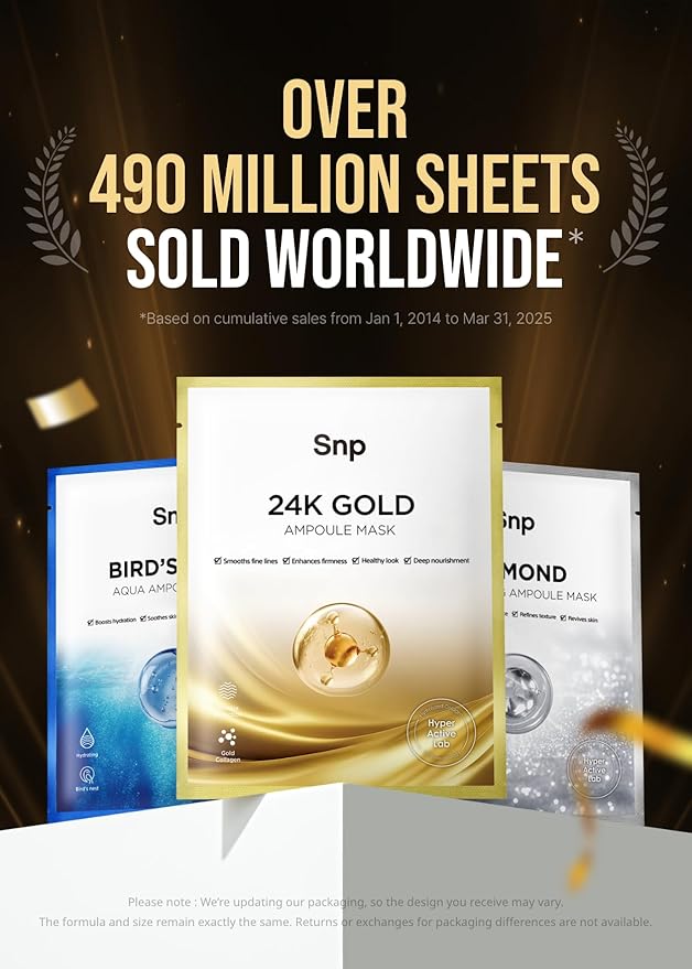 SNP 1000mg Collagen + 24K Gold Ampoule Sheet Mask | Collagen Face Masks Skincare | Tightening Hydrating and Nourishing | Korean Skin Care | Overnight Face Masks | Moisturizing Face Mask | 10 Sheets
