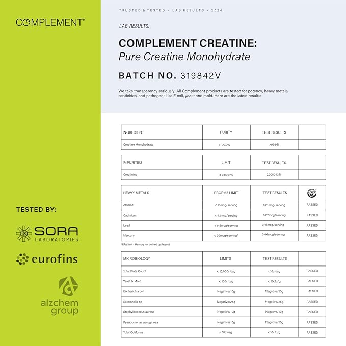 Complement Creatine Monohydrate Micronized Powder for Women and Men (5g 60 Servings) Pre Workout Post Workout Muscle Recovery Brain Health Longevity- Vegan Unflavored