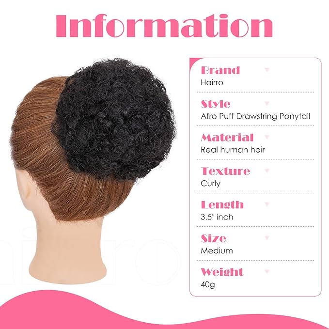 Hairro Afro Puff Hair Bun For Kids Human Hair Drawstring Ponytail Extensions For African Black Women Girls Remy Kinky Curly Scrunchy Hairpieces 40g 6 #1B Natural Black