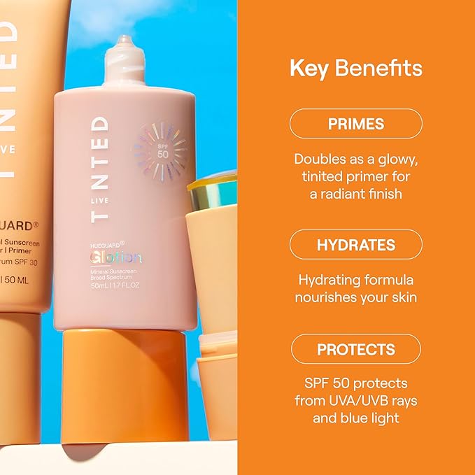 Live Tinted Hueguard Glotion Mineral Tinted Sunscreen For Face SPF 50 ? Lightweight Fragrance-Free Sunscreen ? Hydrating &amp Brightening ? Clean &amp Vegan Primer With SPF - Medium Deep .5 FL Oz