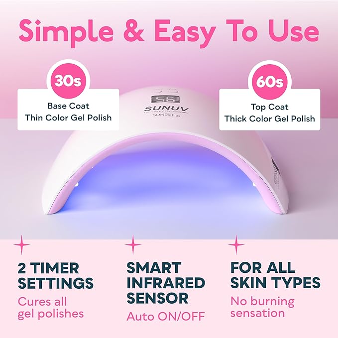 SUNUV UV Light for Nails Dryer for Gel Polish with Sensor 2 Timers and Display SUN9X Plus UV Nail Lamp Pink