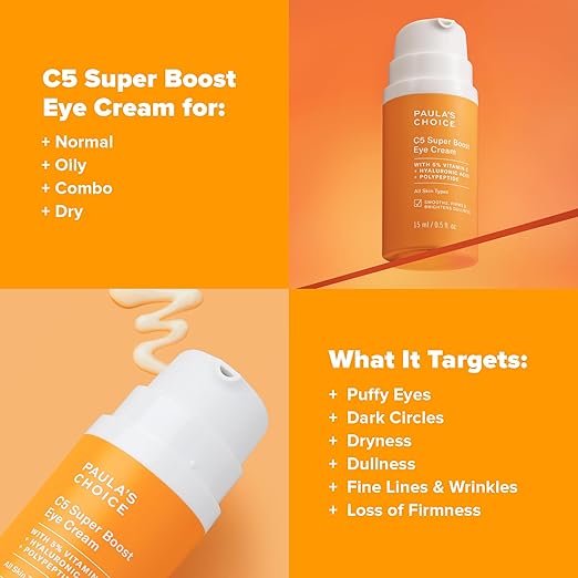 Paula's Choice C5 Super Boost Eye Cream for Dark Circles Puffy Eyes Fine Lines &amp Crow?™s Feet Eye Repair Cream with 5% Vitamin C Hyaluronic Acid &amp Peptides Fragrance Free 0.5 fl oz