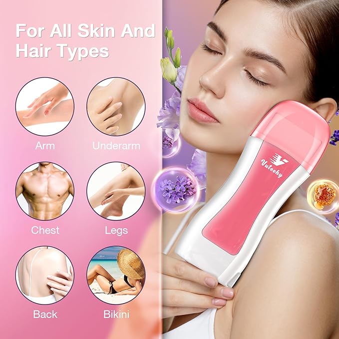 Roll on Waxing Kit Roll on Wax Kit for Hair Removal Waxing Kit at Home Wax Roller Kit for All Skin Types Body Sensitive Skin Unisex with 2 Soft Cartridges &amp 50 Pcs Strips
