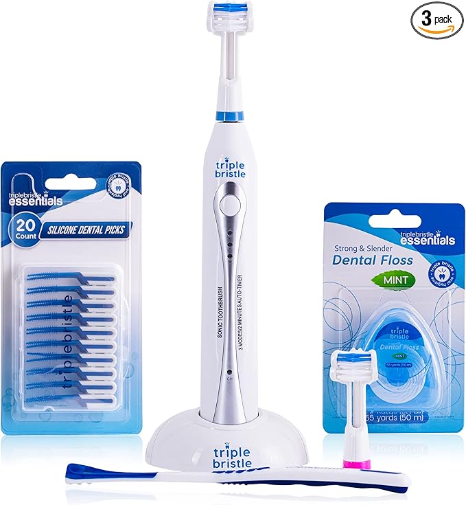 Triple Bristle Original Sonic Toothbrush | Rechargeable 31000 VPM Tooth Brush | Patented 3 Head Design | Angled Bristles Clean Each Tooth | Dentist Approved | Triple Bristle Original + Oral Care Kit