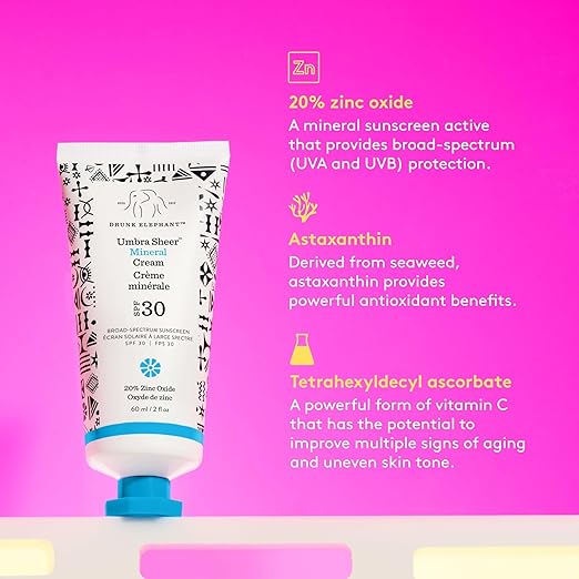 Drunk Elephant Umbra Sheer Mineral Cream (SPF 30) Mineral Sunscreen - Clean Clinical Skincare - Cruelty-Free - Dermatologist-Tested - Free of Essential Oils Silicones and Fragrance