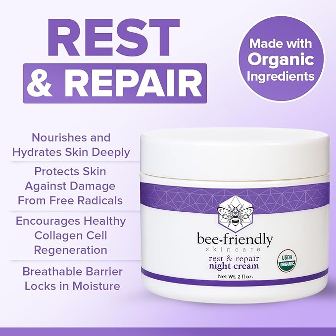 BeeFriendly Organic Night Cream USDA Certified Organic Deep Hydrating &amp Moisturizing Night Time Eye Face Neck &amp Decollete Cream for Women and Men Anti Aging Anti Wrinkle 6 oz - 3 Pack