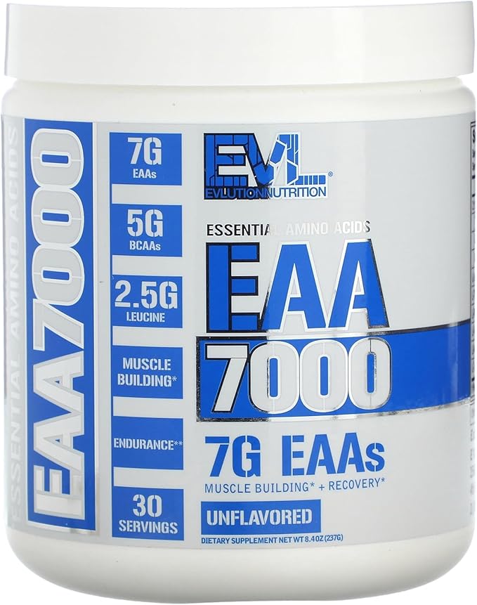 Evlution Nutrition EAA7000 - Pre &amp Post Workout Powder - Muscle Building + Recovery Supplement - 7g Essential Amino Acids + 5g BCAAs - Endurance + Energy Support - 30 Servings - Unflavored