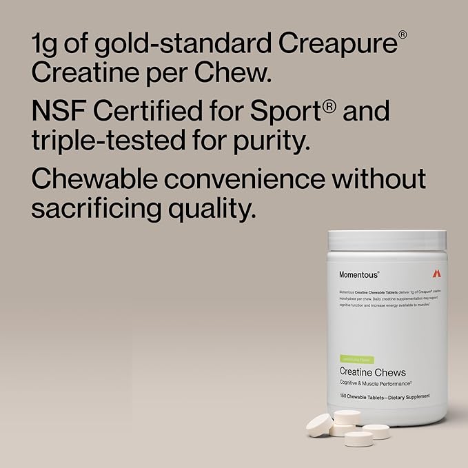 Momentous Creatine Chews - Creapure Creatine Monohydrate - Supports Strength Lean Muscle &amp Recovery for Men &amp Women - NSF Certified for Sport - 150 Chewable Tablets - Lemon Lime