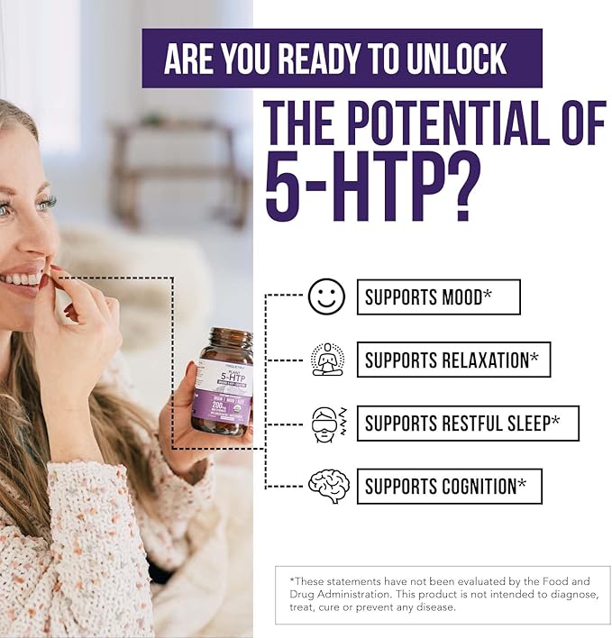 Organic 5-HTP - 200 mg | 99% 5HTP Concentration Plus Cofactor Vitamin B6 &amp Lion?™s Mane | Water Extracted from Organic Griffonia Seeds | Supports Mood Cognition &amp Sleep (60 Capsules | 30 Serv