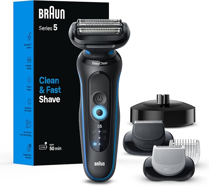 Braun Electric Shaver for Men Series 5 5150cs Wet &amp Dry Razor Turbo Shaving Mode Foil Shaver with Beard Trimmer Body Groomer and Charging Stand Blue Holiday Gifts for Men