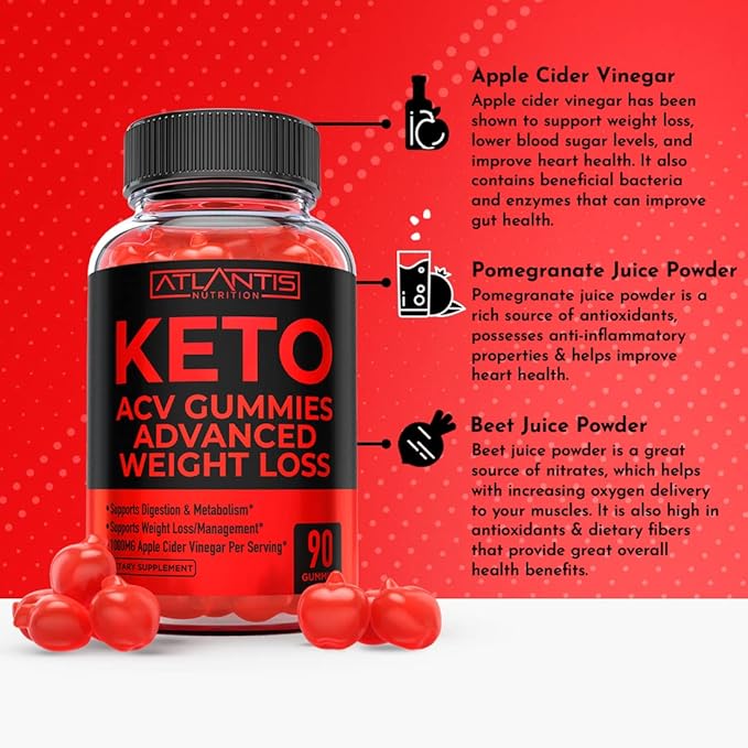 Atlantis Nutrition Keto ACV Gummies for Weight Loss - Supports Digestion Weight Loss Detox &amp Cleansing - Apple Cider Vinegar Gummies Formulated with 1000MG ACV Per Serving - 90 Count