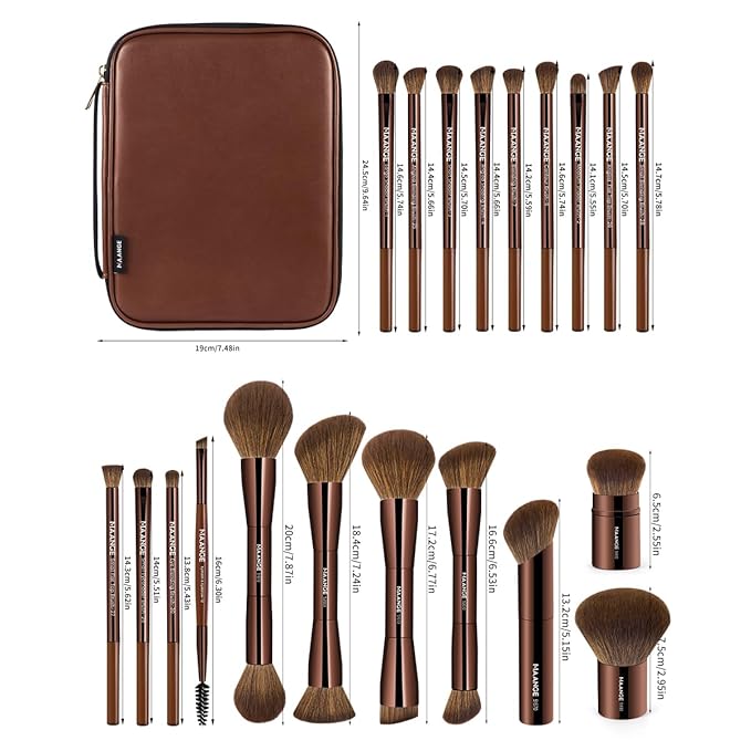 MAANGE 20 PCS Makeup Brush Set with Bag Double-ended Kabuki Brush Foundation Contour Brush for Liquid Powder Concealer Eye Shadows Cream Cosmetics Blending Blush Face Makeup Tools (Brown)