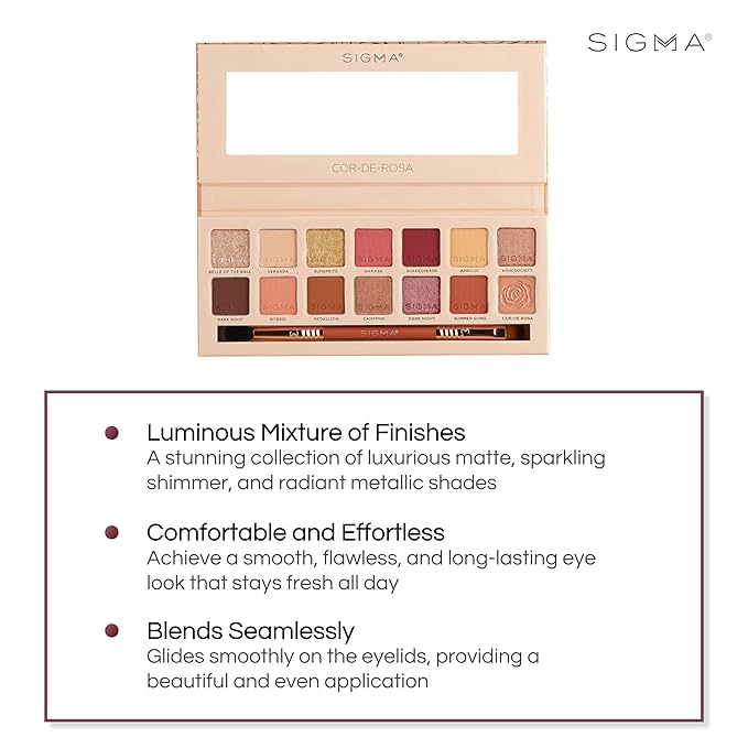 Sigma Beauty Cor-De-Rosa Eyeshadow Palette - 14 Warm Eyeshadow Shades in Matte Shimmer and Metalic Finishes - Highly Pigmented Vegan Eye Makeup Palette - Clean Beauty Products
