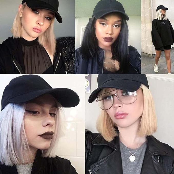 Woman Baseball Cap with Hair Extensions Straight Short Bob Hairstyle Adjustable Wig Hat 14inch Duck Tongue Hat Wig