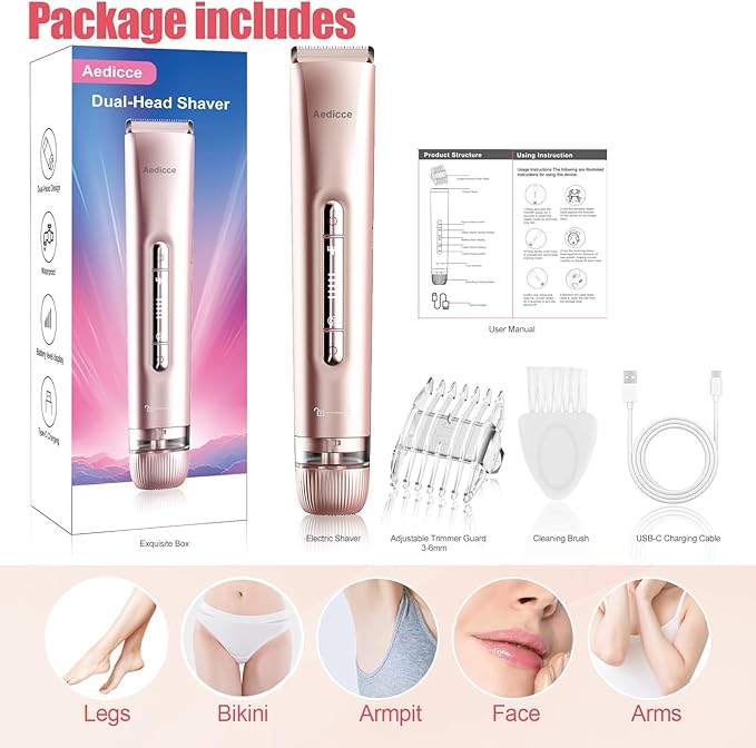 Bikini Trimmer for Women 2 in 1 Dual Head Womens Electric Shaver Electric Razors for Pubic Hair IPX7 Waterproof Rechargeable Facial Hair Removal for Shaving Underarm Leg Arm Body Face Rose Gold