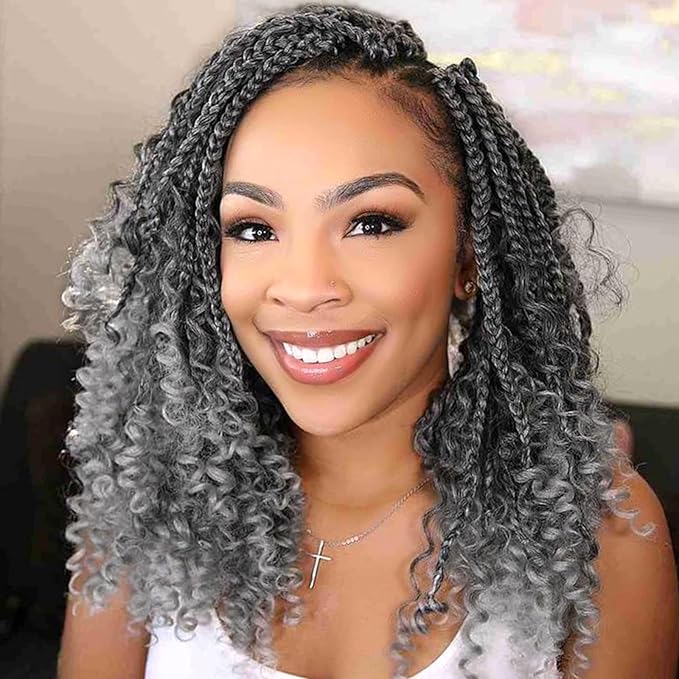 Fulcrum Goddess Box Braids Crochet Hair 10 Inch9 Packs Boho Box Braid Crochet Hair for Women Pre-looped Bohemian 3X Crochet Braiding Hair with Curly Ends(10Inch Tgray#)