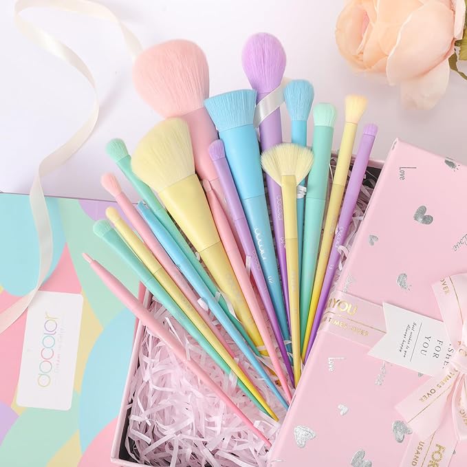 Docolor Makeup Brushes 17 Pcs Colourful Makeup Brush Set Premium Synthetic Kabuki Foundation Blending Face Powder Blush Concealers Eyeshadow Rainbow Makeup Brush Travel Friendly Valentine's Day Gift