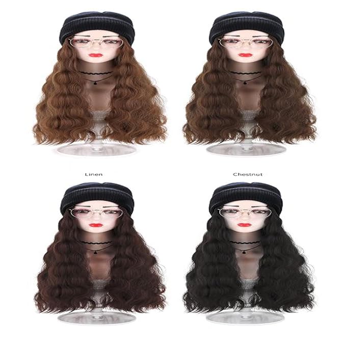 Women Winter Beanie Hat wig Knit with Long Straight/wig Wavy Curly Hair Wig Attached 23.6 Inch Synthetic Hairpiece