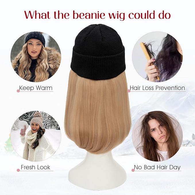 S-noilite Beanie Wig Hair ExtensionsAsh Blonde Short Straight Hair Extensions with Knitted Hat Hairpieces for Women Winter 11 Inch