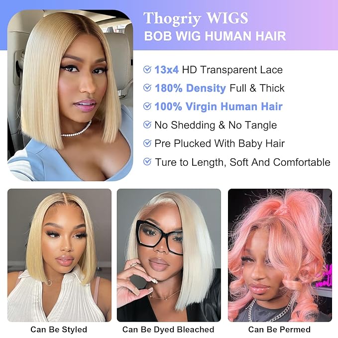 613 Blonde 13x4 Bob Wig Human Hair 180% Density HD Transparent Lace Front Wigs Human Hair Short Bob Pre Plucked Straight Wigs Human Hair for Women 8 Inch