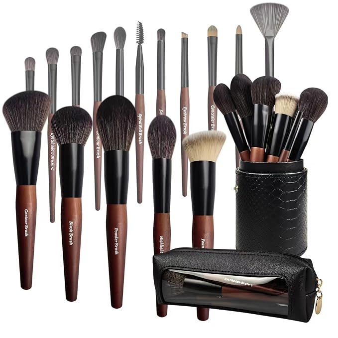 Makeup Brushes 16 Pcs Makeup Brush Set Professional Wood Handle Travel Make Up Brushes Set with Case Premium Cruelty-Free Synthetic Fiber Hair Makeup Brush Kit with Holder