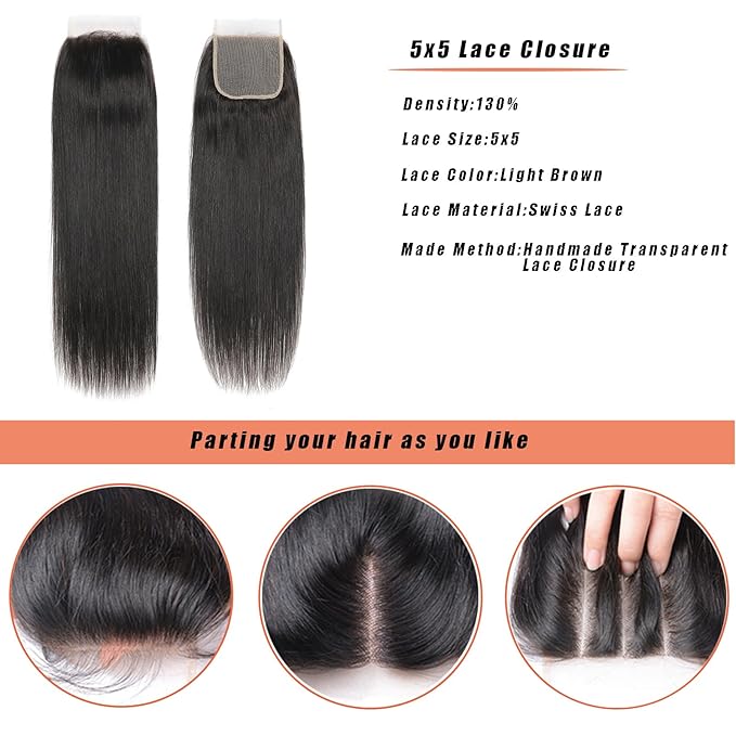 Lace Closure Straight Human Hair with HD Transparent Swiss LaceOiMiGO 5x5 Natural Black HD Lace Frontal Hair Pre Plucked &amp Bleached Knots(20Inch)
