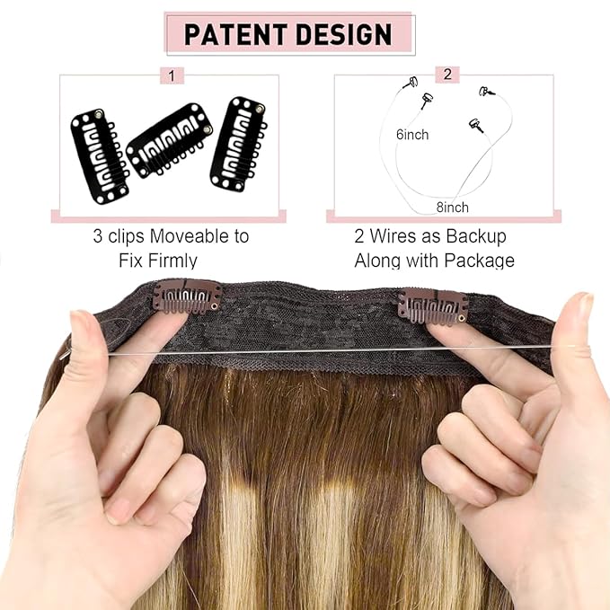 RECOOL Wire Hair Extensions Real Human Hair Balayage Chocolate Brown with Golden Blonde Remy Hair Extensions Invisible Wire Hair Extension Straight Clip in Hair Extension(20 inch)