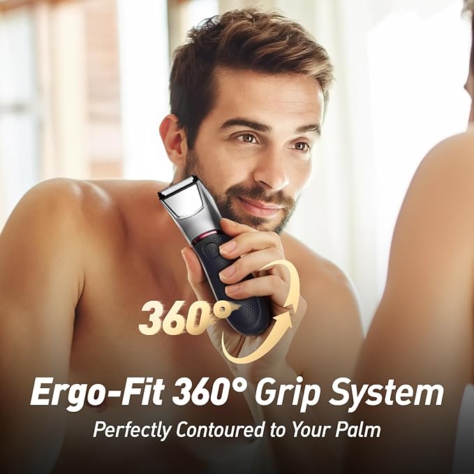 Body Groomer for Men: Pubic Hair Trimmer with Mirror &amp LED Light - Electric Ball Shaver with Ceramic Blades &amp Travel Lock - Men's Shaver IPX7 Waterproof for Use on Groin/Legs/Chest