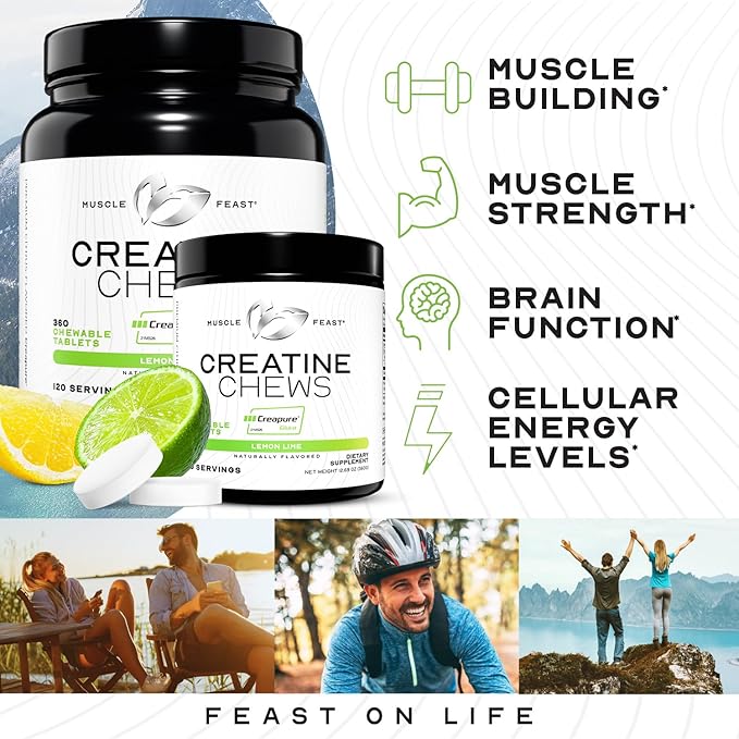 Muscle Feast Creatine Monohydrate Chewables - Vegan &amp Gluten-Free Creapure Creatine Chews for Men &amp Women - Delicious Citrus-Flavored Creatine Tablets for Muscle Building - Lemon Lime 360 Tab