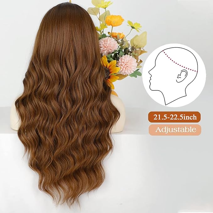 Lativ Auburn Wig with Bangs Long Wavy Ginger Wig Natural Looking Heat Resistant Synthetic Curly Full Wigs for Women Daily Use 26 Inches