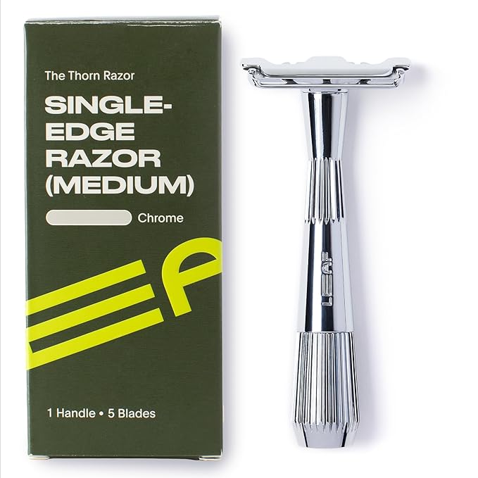 Leaf Shave | Leaf Thorn Razor All-Metal Single Blade Razor for Men &amp Women Fixed Head with Magnetic Load Assist Includes 5 Stainless Steel Blades Face Shaving and Coarser Hair - Chrome