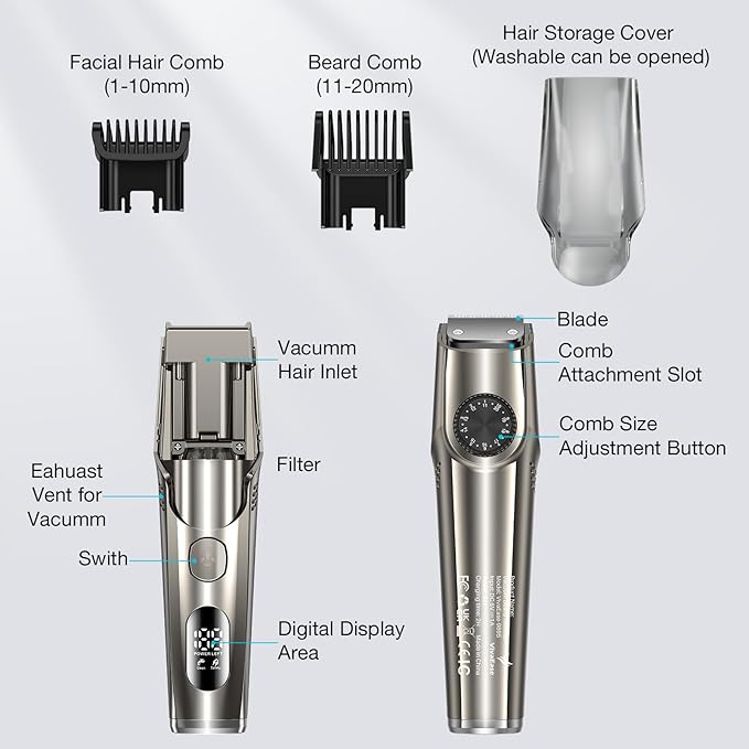 Vacuum Beard Trimmer for Men New Version Adjustable Precision Trimming Length with 2 Comb Electric Cordless Vacuum Trimmer for Beard Waterproof and Rinses Easy Blades for Skin fit