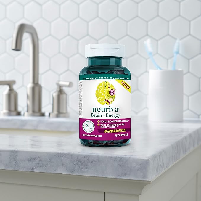 NEURIVA Brain + Energy Gummies Nootropic Brain Supplements for Focus and Concentration with Neurofactor Vitamin B12 &amp Caffeine for an Energy Boost* 75ct Natural BlackBerry