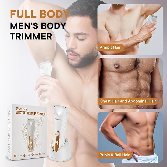 Pubic &amp Body Hair Trimmer for Men 2 In 1 Electric Ball Groin Razor Shaver with Ceramic Blade No Nick Mens Grooming Kits for Wet/Dry Use Cordless Charging Body Groomer with Led DisplayWhite