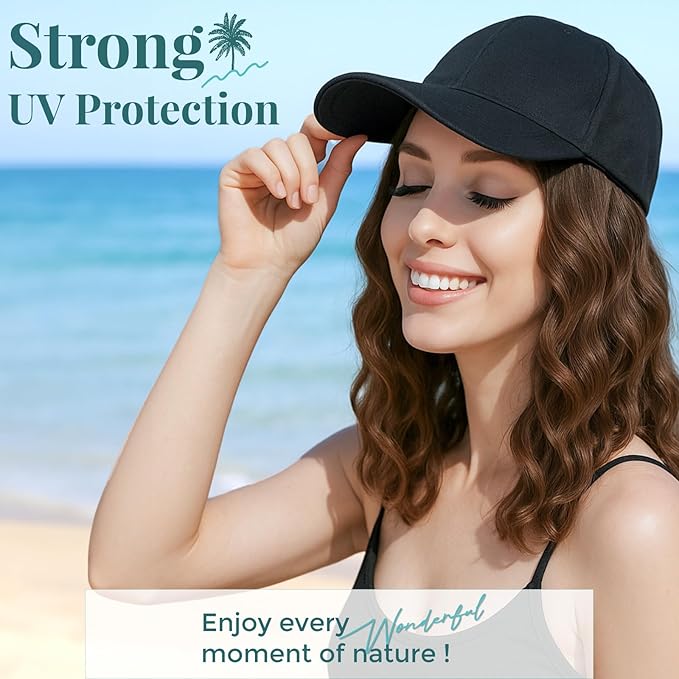 MY-LADY Hat Wig Hat with Hair Attached for Women Baseball Cap with Hair Extensions Adjustable Wavy Synthetic Hairpiece 16 Black Cap to 03
