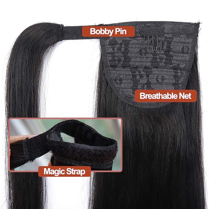 Ponytail Extensions Straight Human Hair Natural Black Magic Paste Wrap Around Ponytail 100% Real Remy Hair Extensions For Women 26 Inch 125g